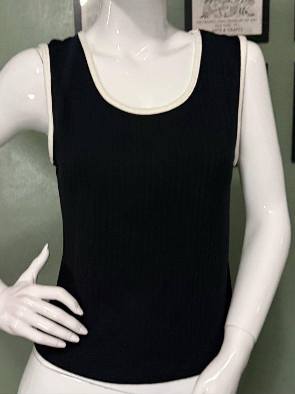Marled Black Ribbed Tank with Cream Trim